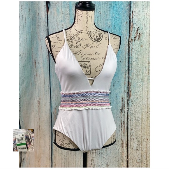 BAR III NWT White Smocked Plunging Swimsuit - Picture 2 of 12